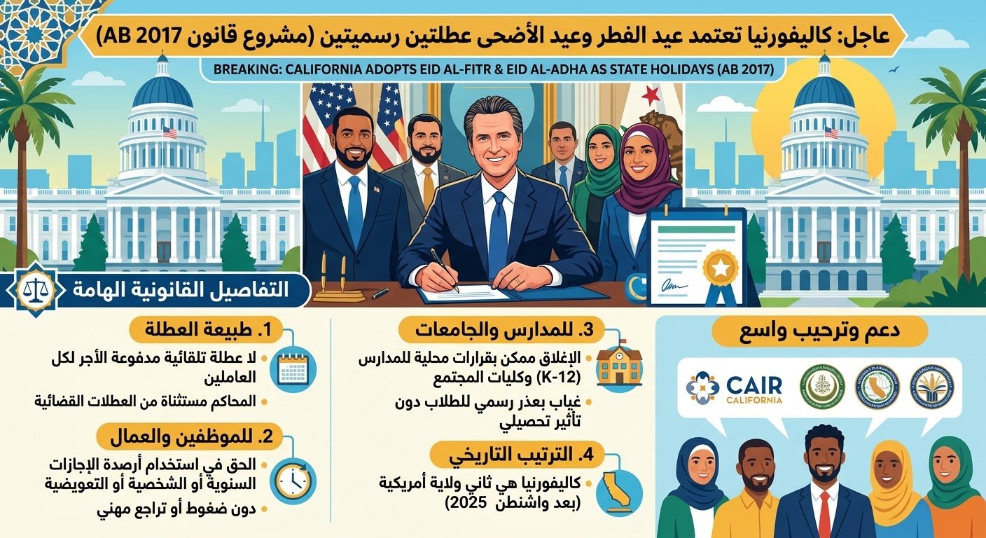 تطبيق إجازة عيد الفطر والاضحى رسميا بكاليفورنيا و واشنطن